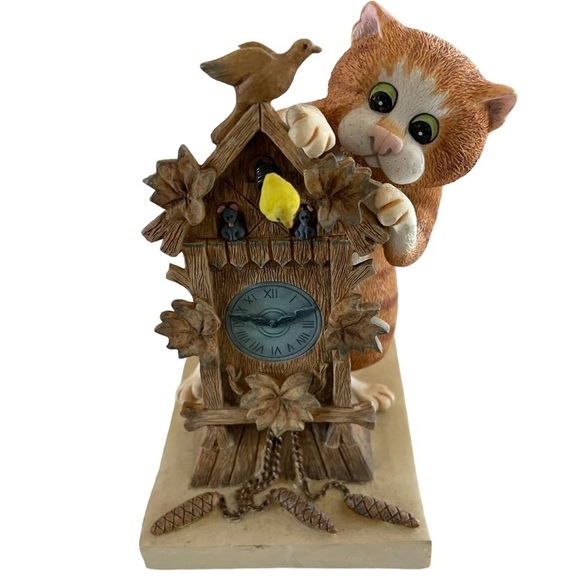 Enesco Orange Marmalade Cat and Cuckoo Clock Statue Figurine 2006 - Picture 1 of 5